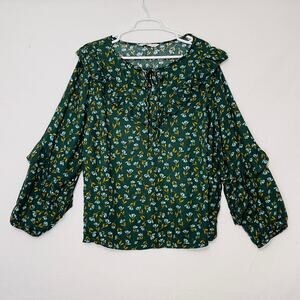 Sonoma Blouse Womens 2X Green Peasant Top Ruffles Lattice V-Neck BOHO Hippie